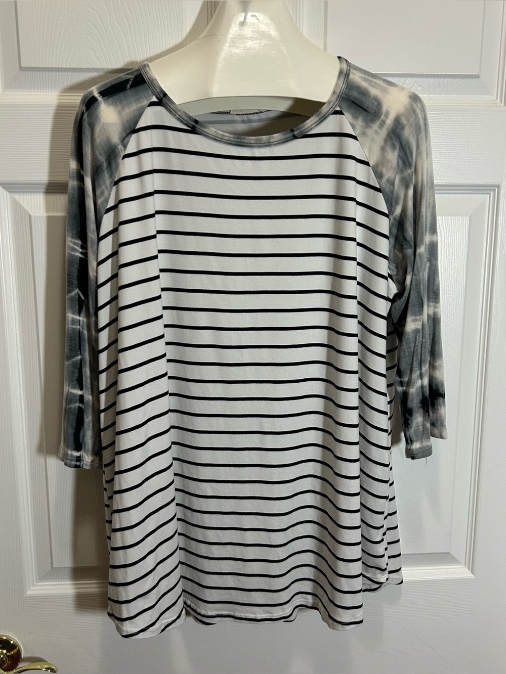 Striped Black & White Raglan Tee with Tie-Dye Sleeves